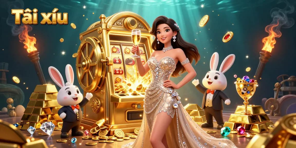 Engage in thrilling Tài xỉu gameplay with a glamorous casino scene featuring golden treasures and a jackpot.