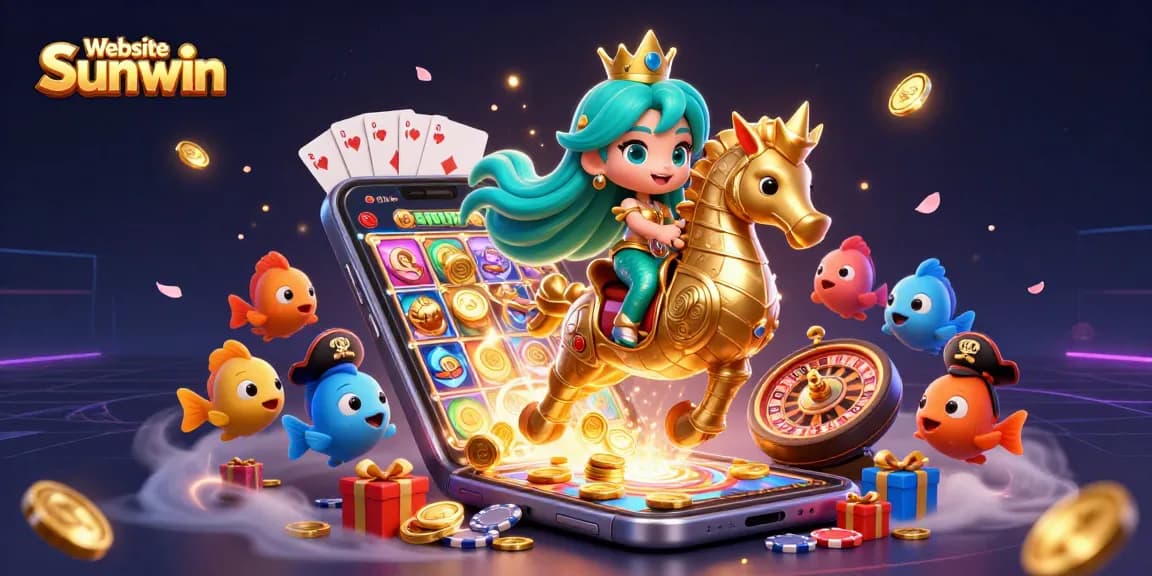 Experience the thrills of gaming with Website Sunwin in this vibrant 3D illustration featuring colorful slot games.