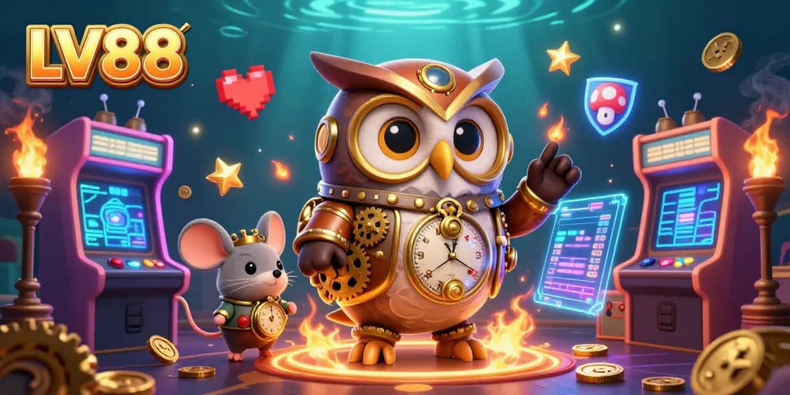 Experience the vibrant world of LV88 as the time-traveler owl explores a lively casino realm filled with colorful game machines.