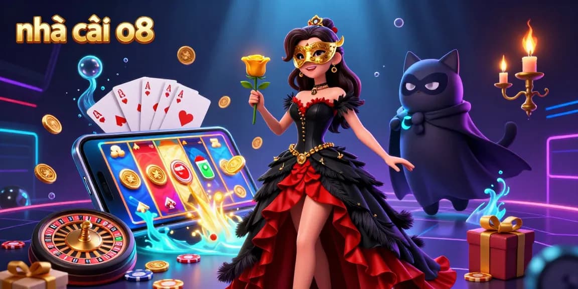 Experience excitement with nhà cái o8 in a vibrant casino atmosphere featuring spinning slots and floating treasures.