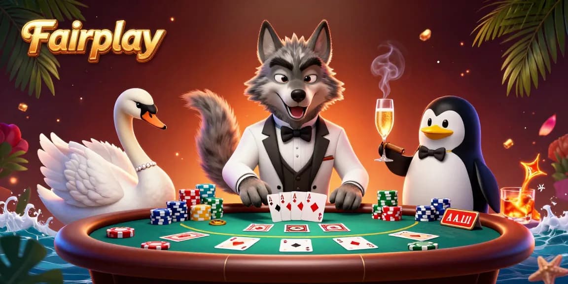Experience the thrill of Fairplay with a vibrant casino illustration featuring engaging characters and dynamic tables.