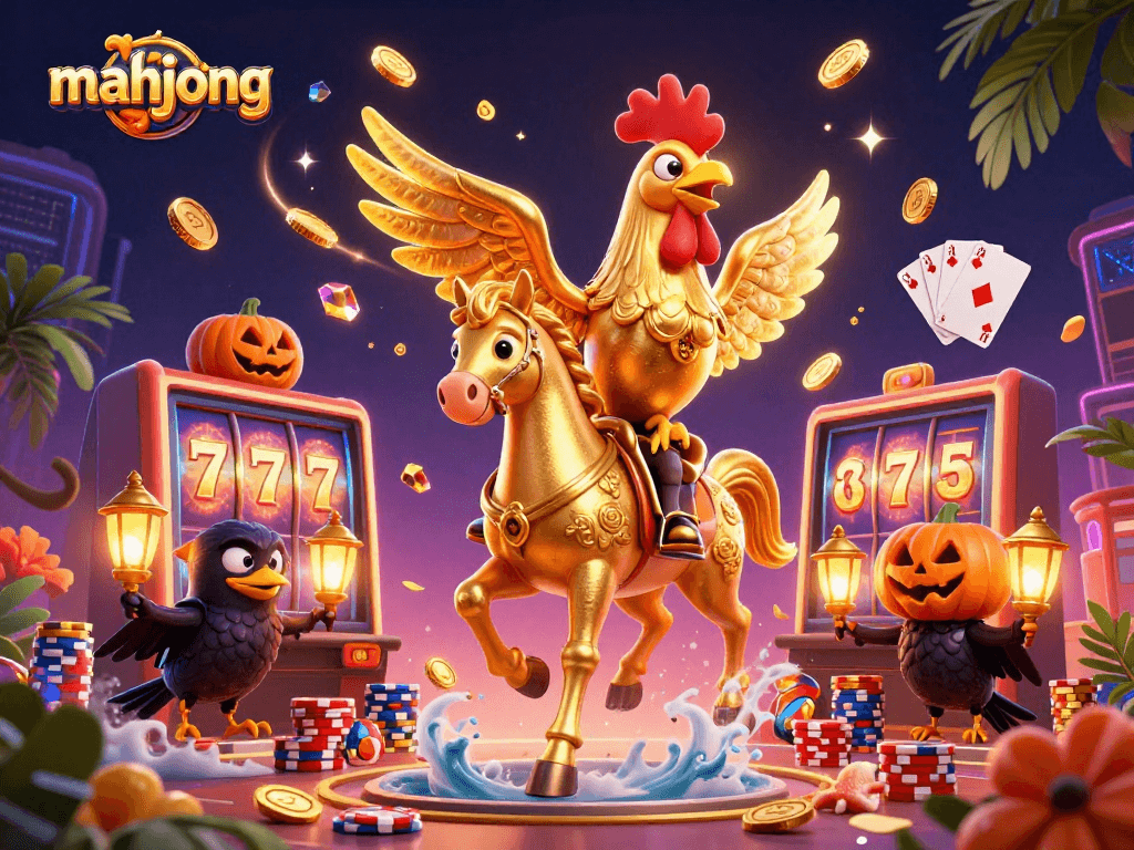 Engage in mahjong gaming with dynamic scenes of golden coins, slot machines, and vibrant characters.