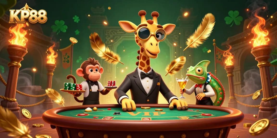 Experience winning strategies with KP88 at a vibrant casino setting featuring a high-roller giraffe and dynamic characters.