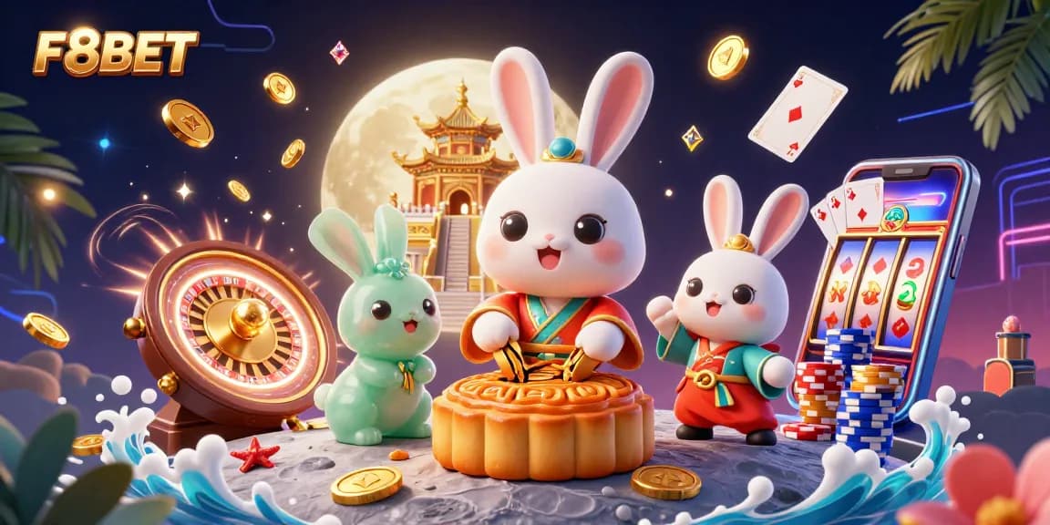 Experience thrilling wins at F8BET with vibrant casino elements in a magical moonlit scene.