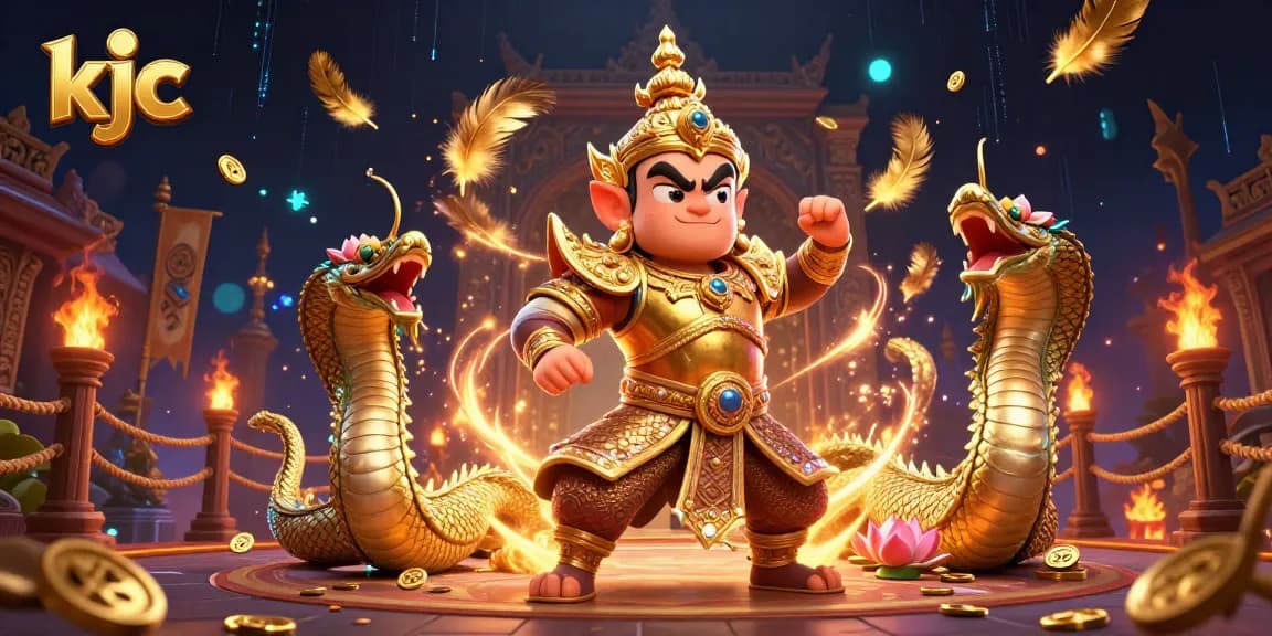 KJC offers thrilling betting experiences with vibrant 3D casino guardians and gold coins amidst dynamic casino elements.