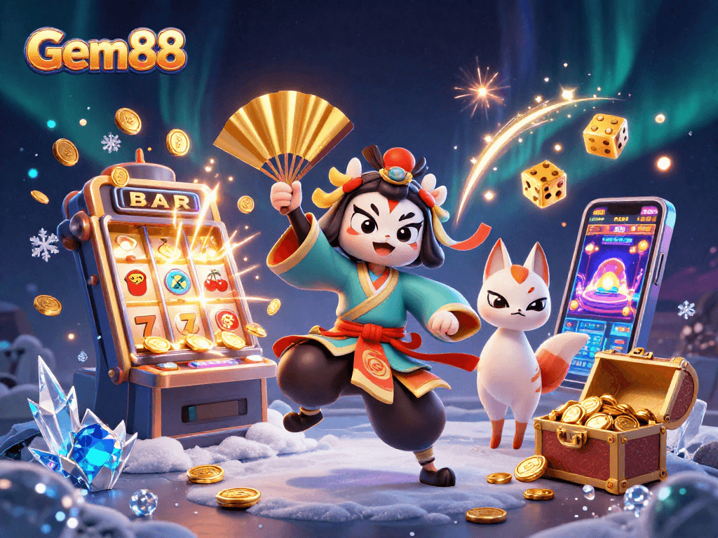 Experience thrilling slots at Gem88 with kabuki characters amidst a jackpot explosion.