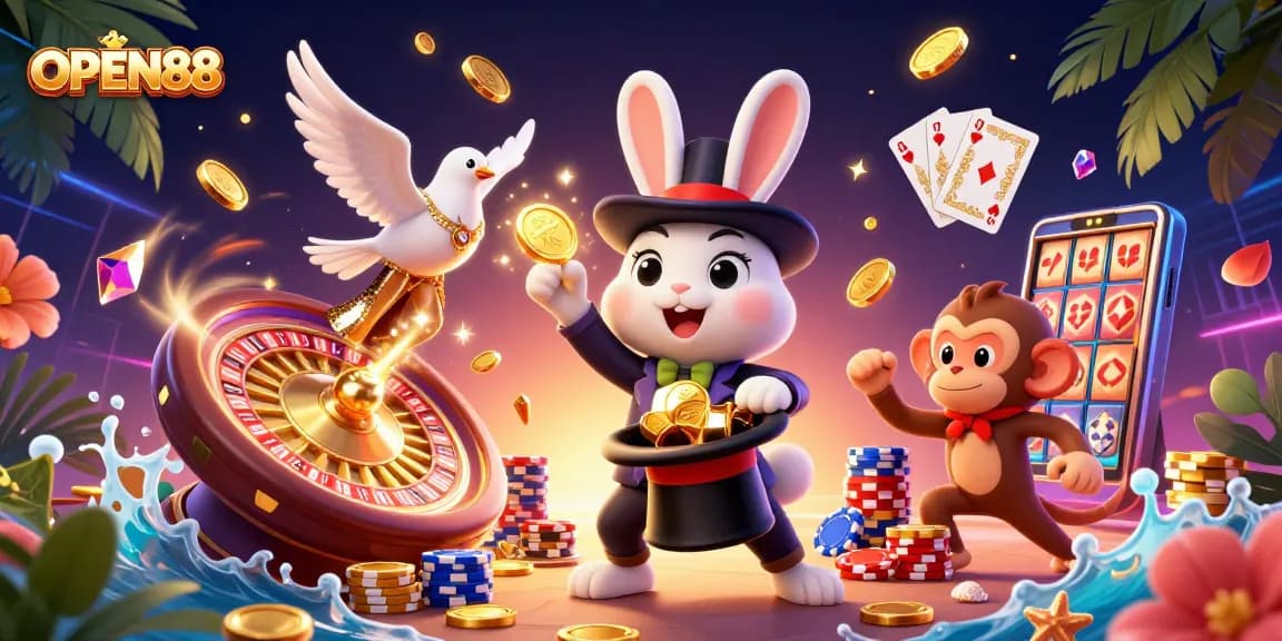 Experience OPEN88's enchanting casino atmosphere with a magician rabbit, glamorous dove, and cheeky monkey amidst dazzling gaming elements.