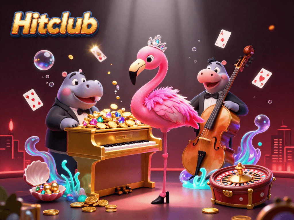 Experience the vibrant Hitclub gaming scene with a flamingo singer, hippo bassist, and dynamic casino elements.