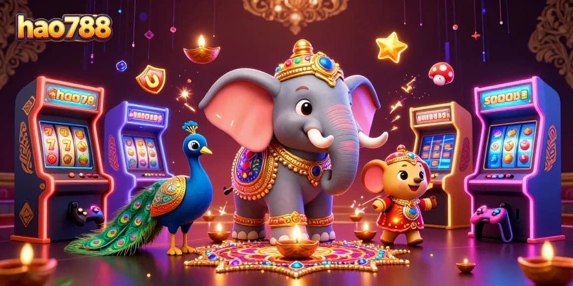 HAO788 slot online menampilkan gajah hias Diwali dan mesin permainan dengan jackpot mengesankan.