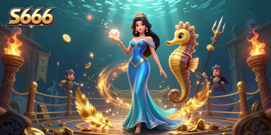 Experience S666 action with a stunning underwater casino scene featuring a glowing pearl and seahorse king.