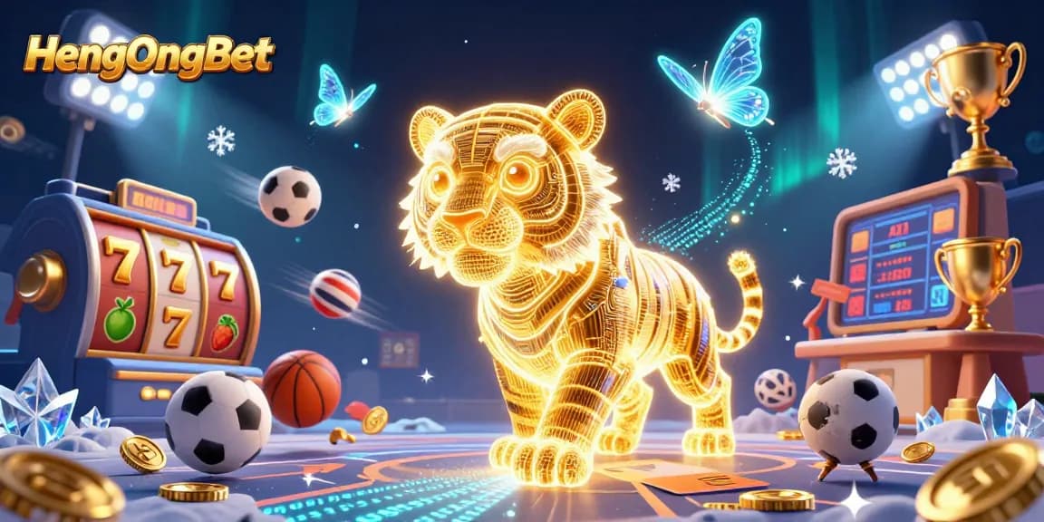 Engage with HengOngBet's vibrant casino scenes featuring neon tigers, jackpot slots, and dynamic sports elements.