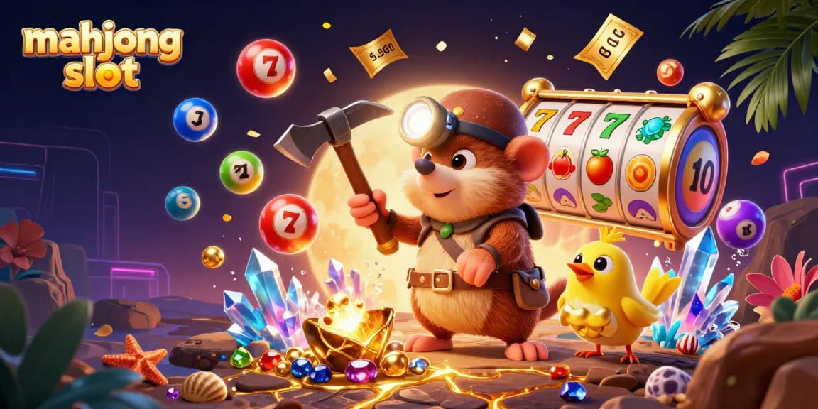 Engage with mahjong slot vibes surrounded by vibrant casino elements and dynamic illustrations