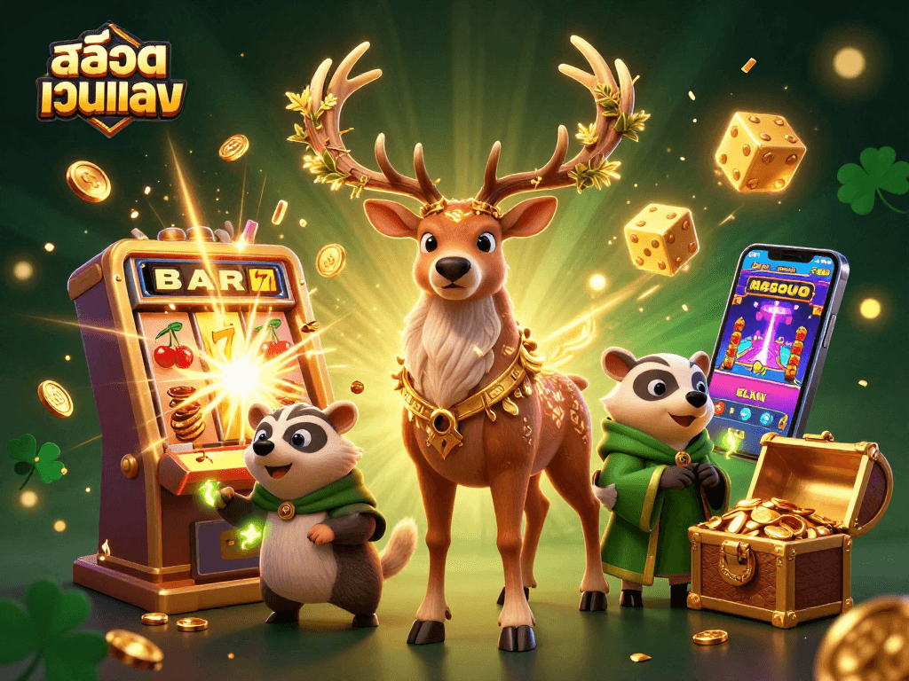 Spinสล็อตเว็บตรง jackpot on a vibrant slot scene with druid stag and badger characters.