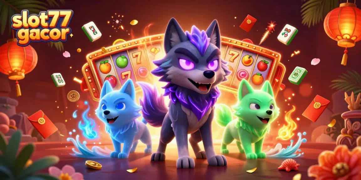 Experience slot77 gacor gameplay with vibrant slot reels and thrilling features in an engaging online casino illustration.