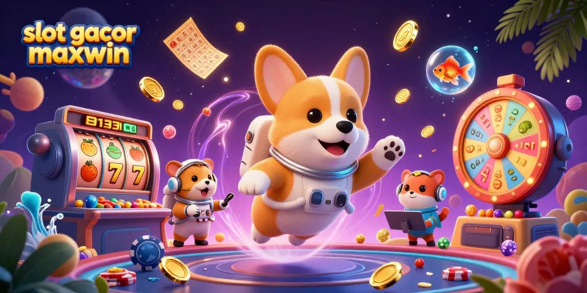 Engage in slot gacor maxwin action with a floating 3D cartoon astronaut corgi amidst casino thrills