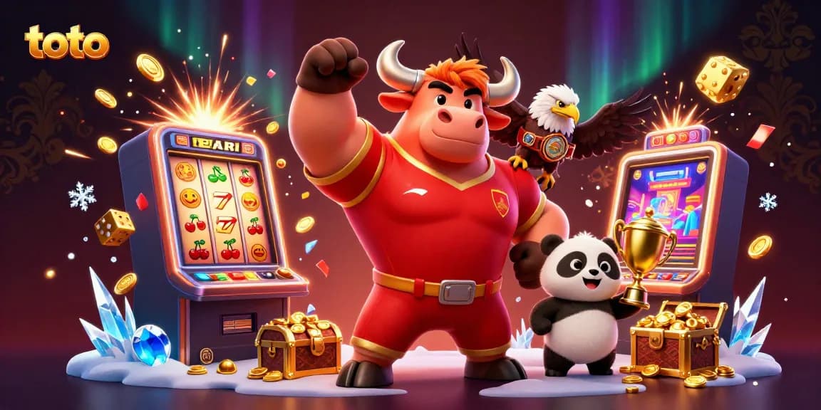 Toto players celebrating a jackpot win with exhilarating slot machines and a trophy.