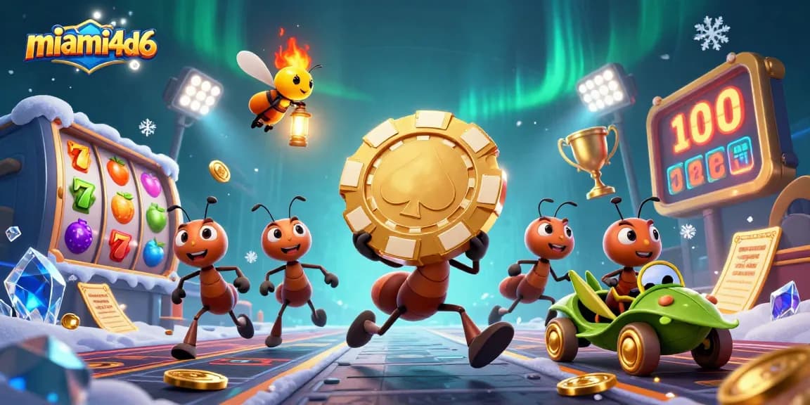 Join the miami4d6 heist with ants and golden poker chips in a vibrant casino adventure.
