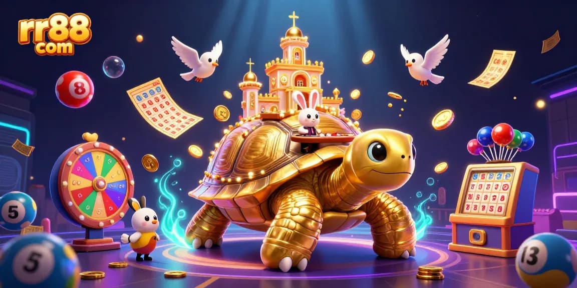 Experience thrilling games at rr88 com with vibrant 3D casino visuals featuring exciting elements like rabbits and golden tortoises.