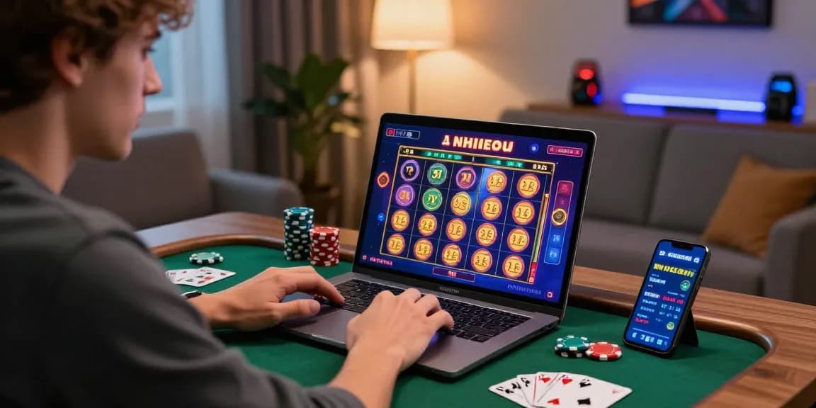 Pria dewasa menikmati permainan slot online di laptop dengan grafis warna-warni, dikelilingi alat taruhan.