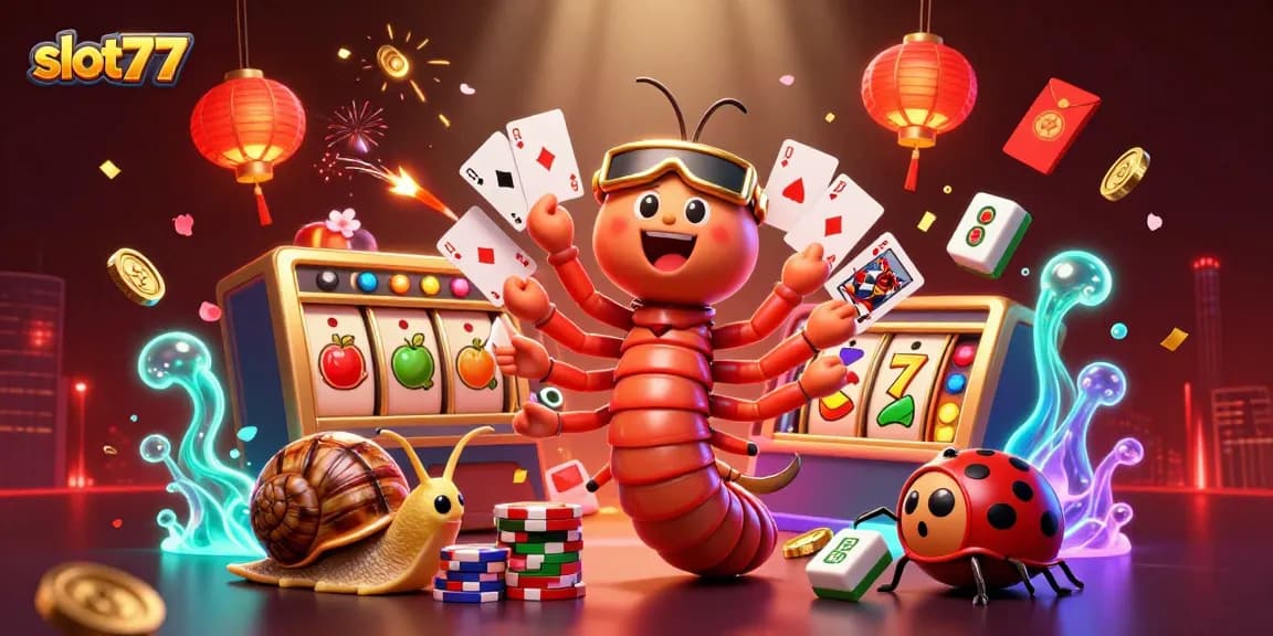 Experience thrilling gameplay at slot777 with colorful slot reels, dynamic character interactions, and festive casino elements.