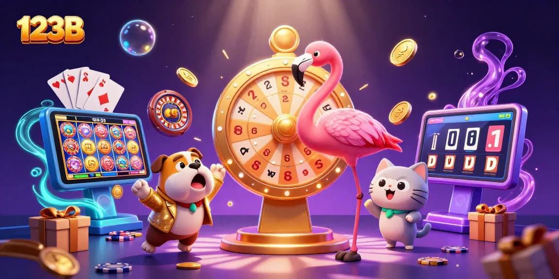 Engage in thrilling games at 123B with a vibrant 3D illustration featuring a game host, excited players, and jackpot elements