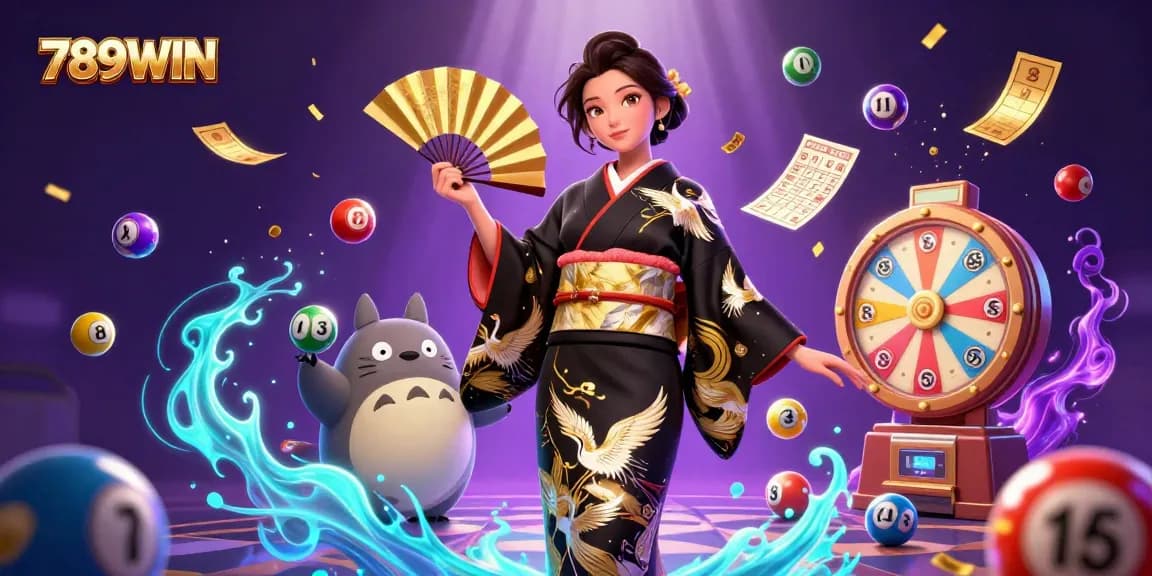 Experience excitement with 789WIN, featuring a vibrant 3D scene of lottery action with colorful elements and dynamic characters.