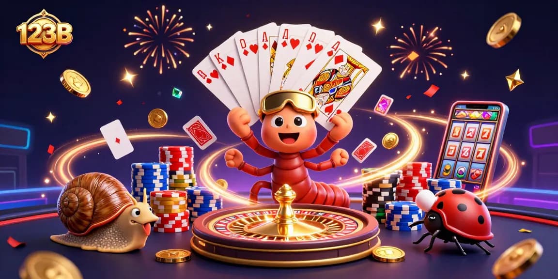 Engage with thrilling 123B gaming action featuring a vibrant dealer, high-roller snail, and exciting casino elements.