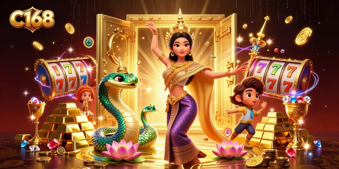 C168 offers an engaging experience with vibrant slot machines and treasures in a dazzling casino scene.