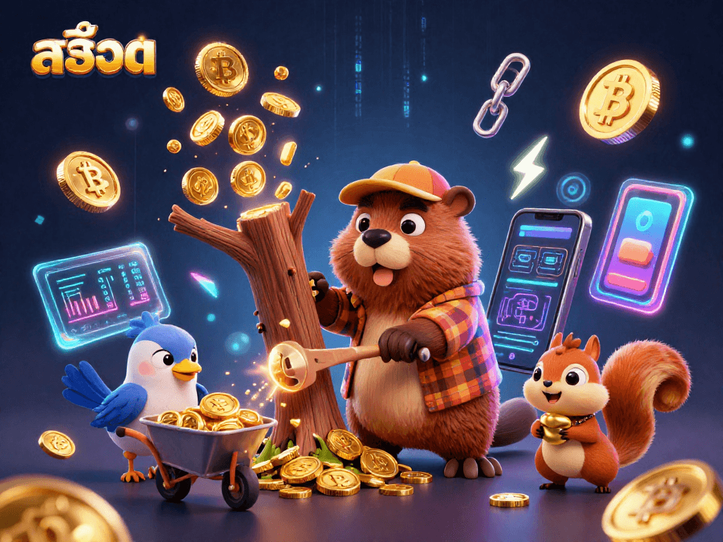 Engage with สล็อต through a vibrant scene of a cartoon lumberjack beaver surrounded by gold coins and crypto elements.