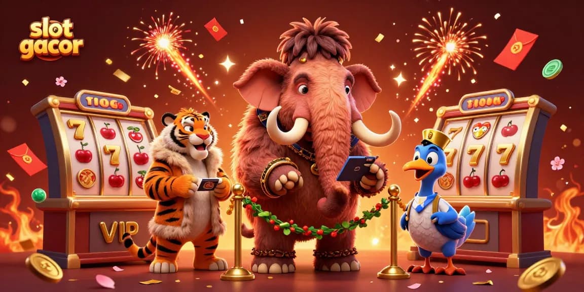 Slot gacor, bouncer mamut cek ID di kasino sambil mengawasi permainan slot yang penuh warna.