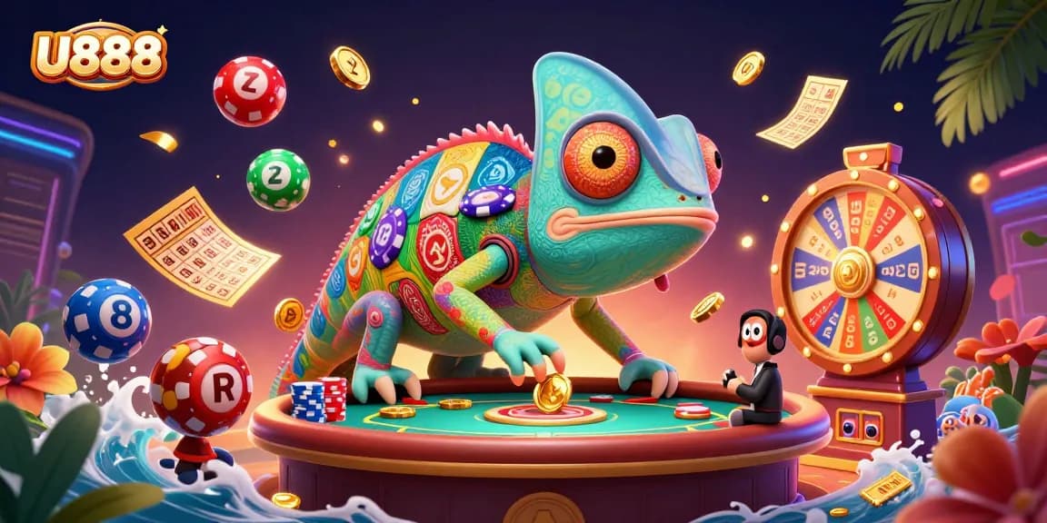 Engage in thrilling gambling action at U888 with vibrant lottery balls and dazzling casino elements.