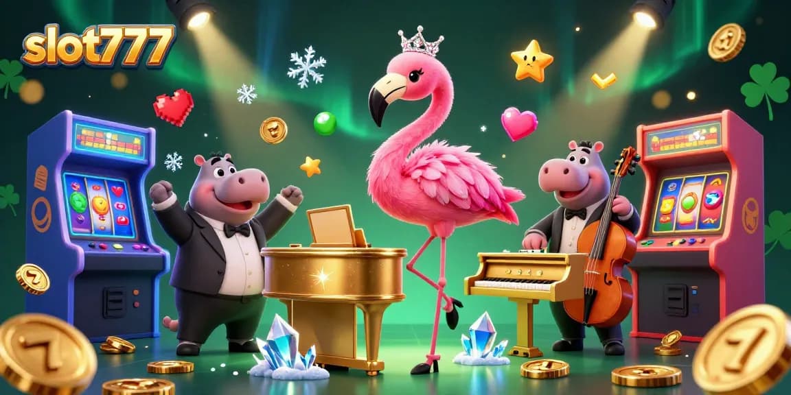 Menghadirkan slot777 dengan penyanyi flamingo dan hippo, dikelilingi mesin permainan paduan warna yang bersinar.