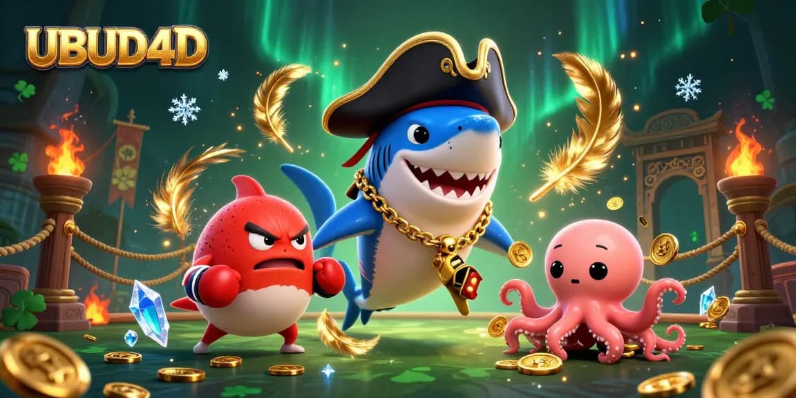 Engage with UBUD4D, a vibrant casino scene with a cartoon shark, pufferfish, and octopus, showcasing thrilling game elements.