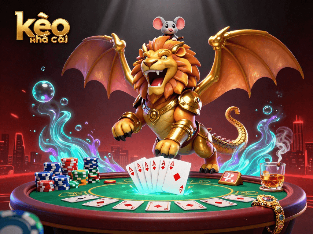 Engage with kèo nhà cái through this vibrant casino scene featuring a chimera and poker game elements.