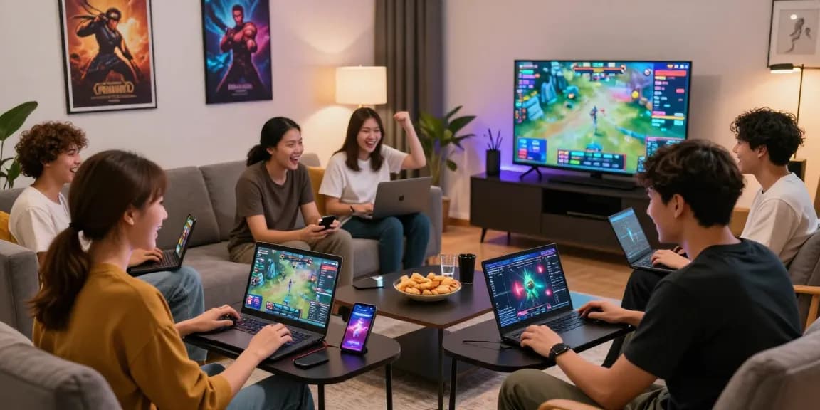 Engaged friends playing game bài đổi thưởng in a lively living room environment, showcasing excitement and community.
