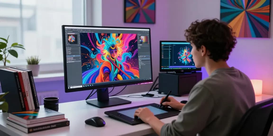 Digital artist creating vibrant NSFW AI artworks in a modern studio.