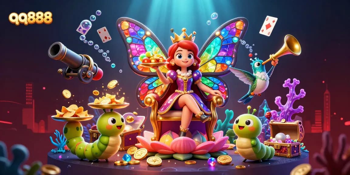 Engage with qq888 and experience an enchanting casino scene with colorful characters and dazzling treasures.
