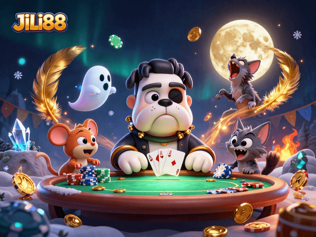 Engage in thrilling poker action with JILI88, featuring a monster dealer at a spooky table.