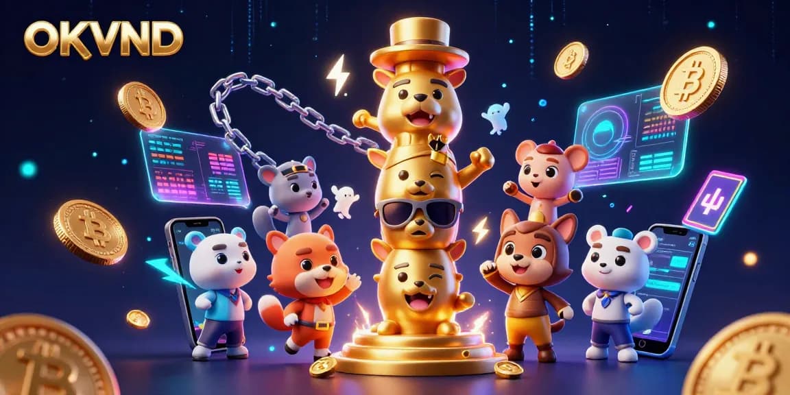 Engage with OKVND in an exciting digital casino realm featuring vibrant 3D animals and cryptocurrency elements.