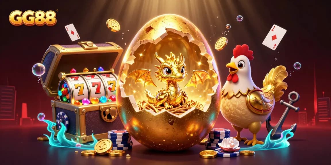 Experience the thrill of GG88 with a golden dragon on poker chips amid vibrant casino elements.