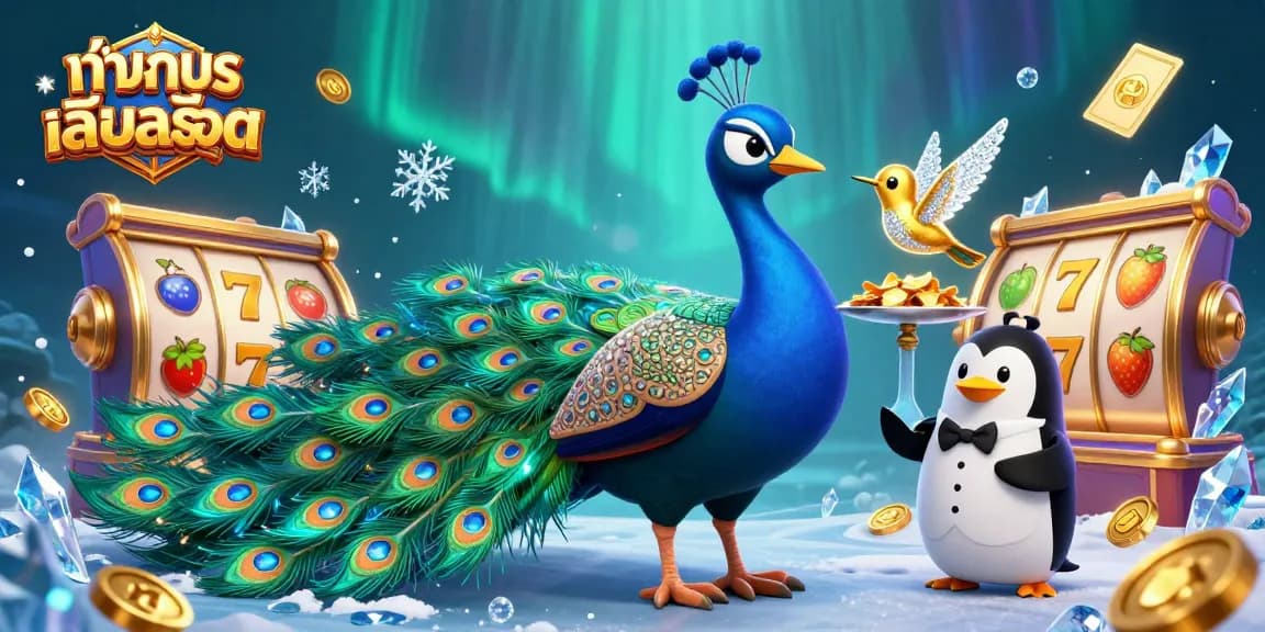 เล่นสล็อต with fun 3D characters: peacock, penguin, and hummingbird in a vibrant casino scene