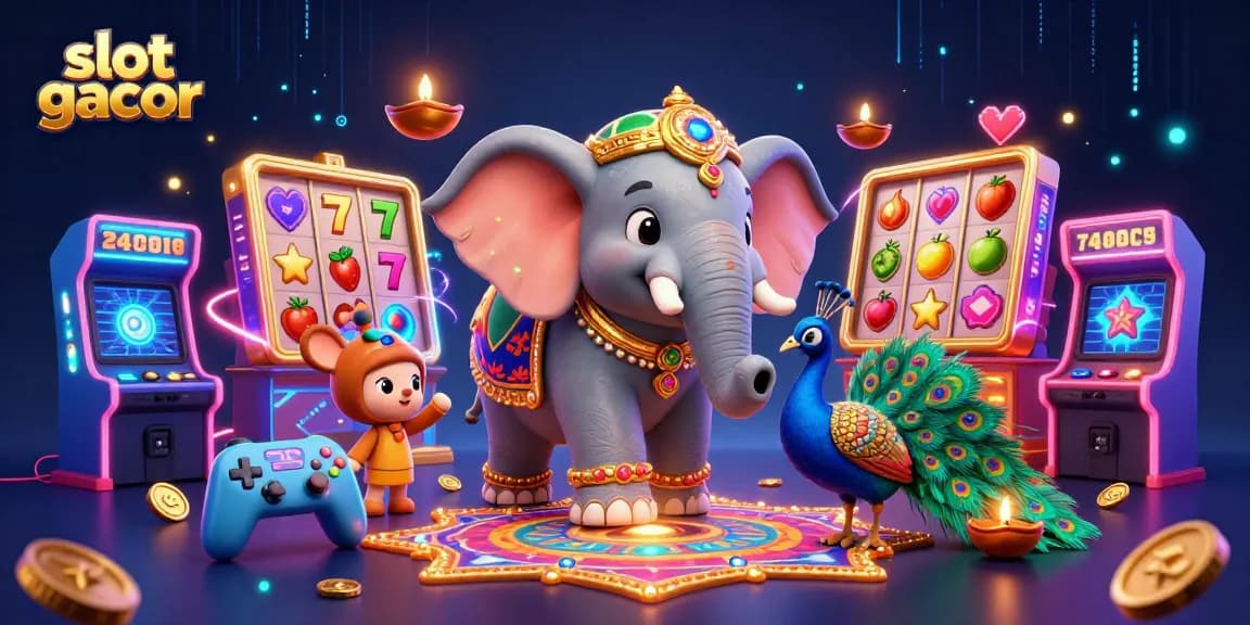 Experience thrilling slot gacor gameplay with a festive 3D artistic display of vibrant characters and casino elements.