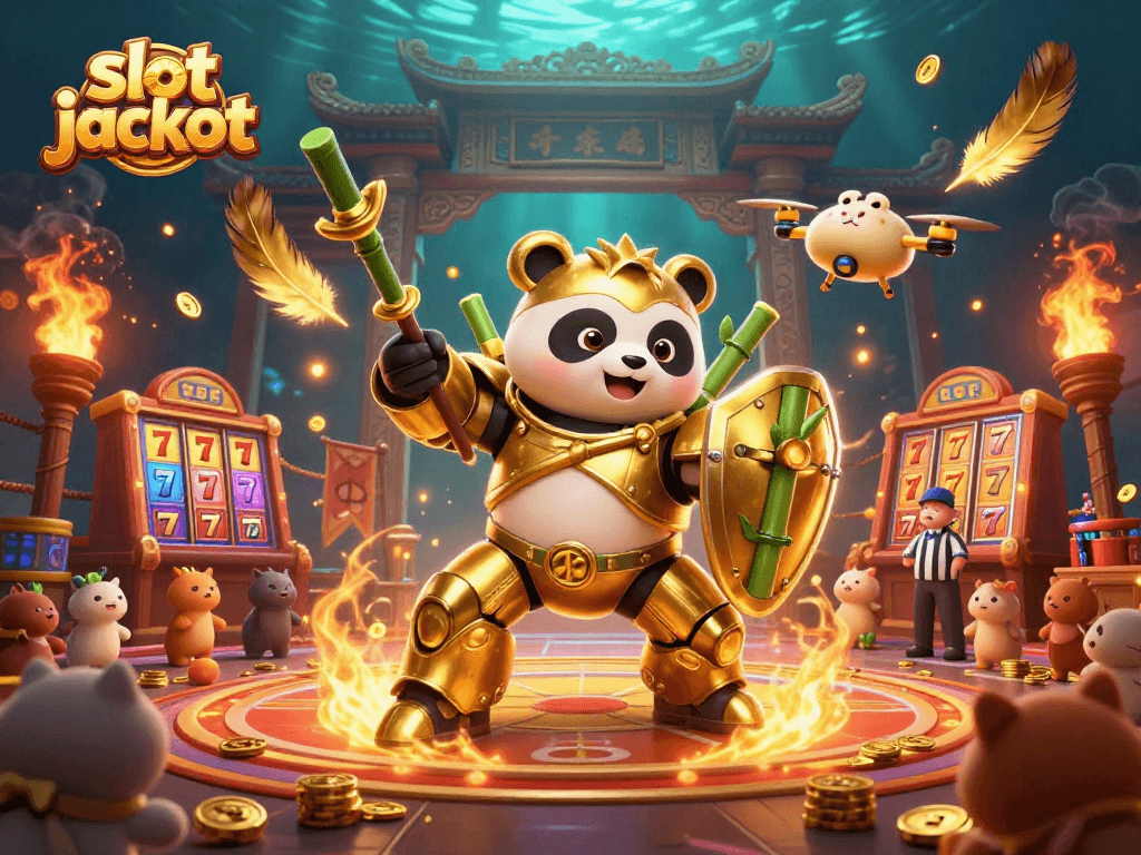 Engage in the thrill of the slot jackpot with a mech-suit panda in a dynamic casino arena.