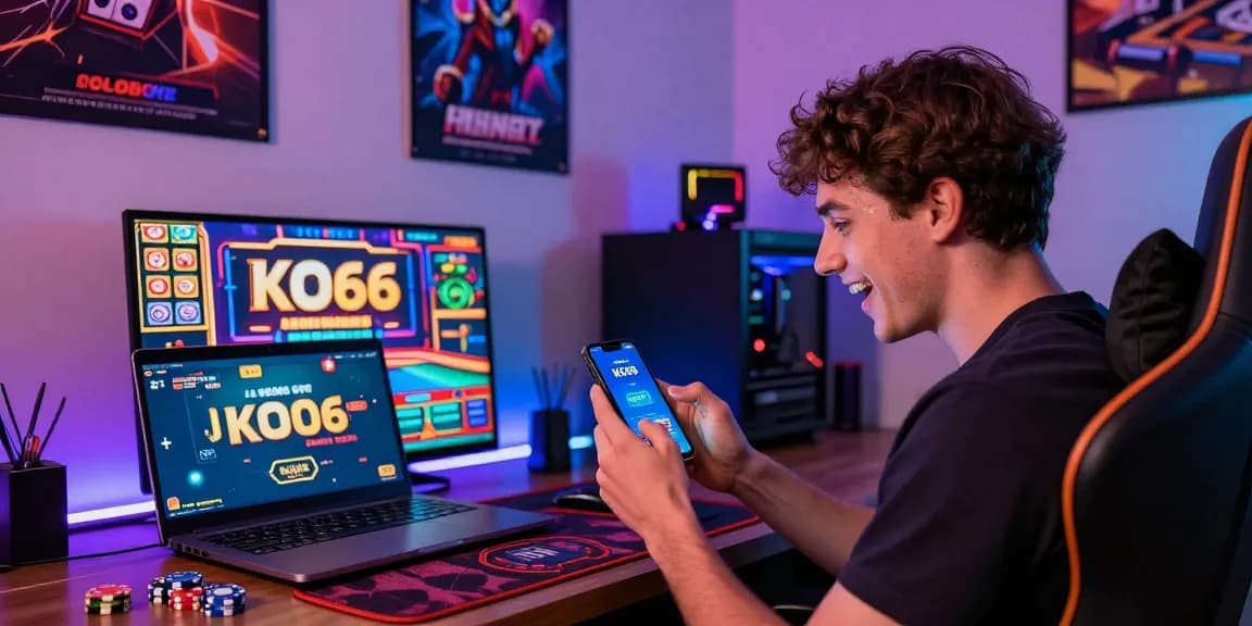 Excited gamer using the KO66 app surrounded by digital gaming elements in a modern gaming room.