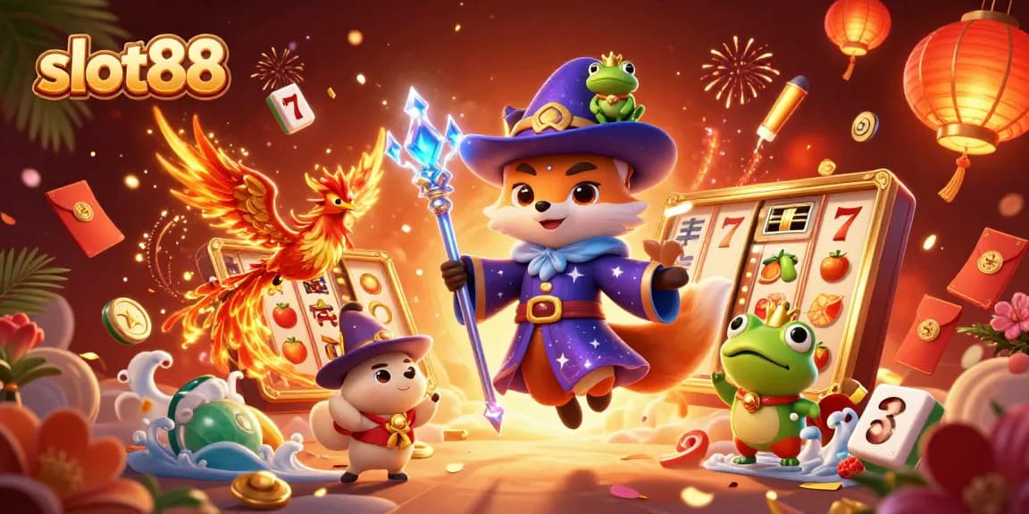 Slot88 menghadirkan pengalaman bermain slot yang seru dengan banyak simbol keberuntungan dan elemen pesta.