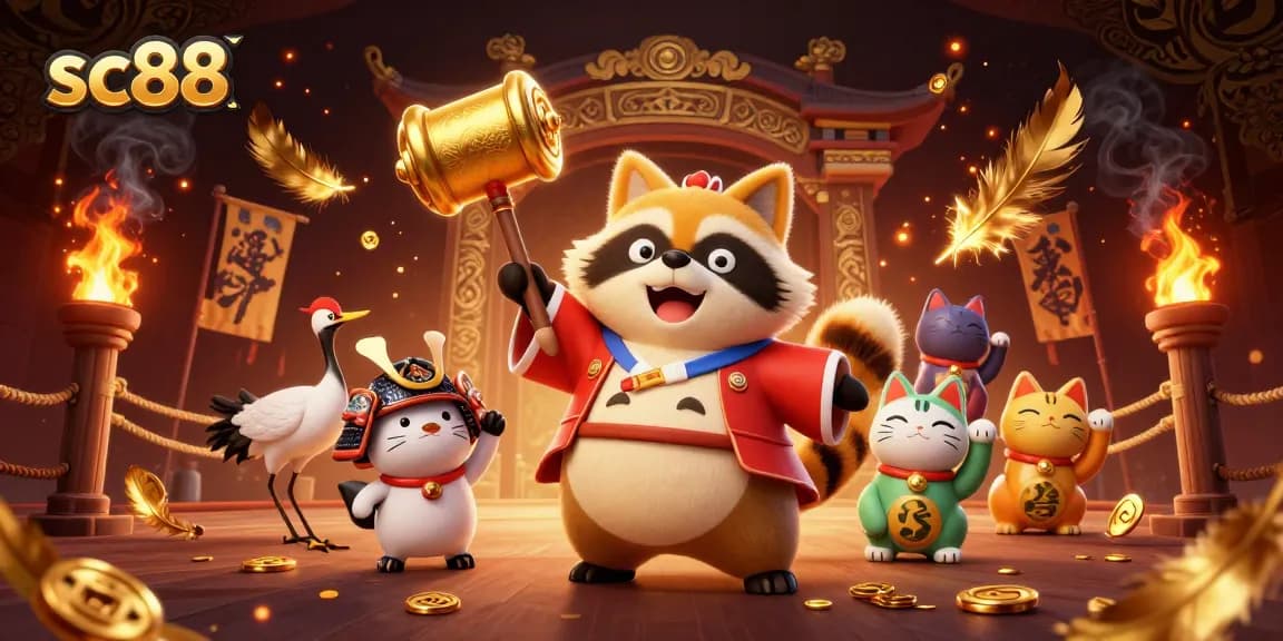 Experience thrilling gameplay at sc88 with cheerful tanuki and lucky symbols in a vibrant casino scene.