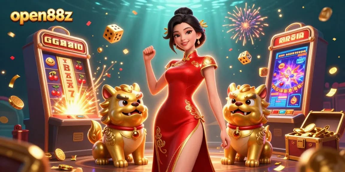 Experience thrill with open88z in this vibrant illustration of casino games and fortune.