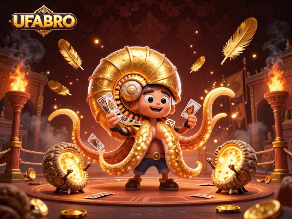 Engage with thrilling casino betting at UFABRO featuring a giant roulette nautilus and glowing tokens.