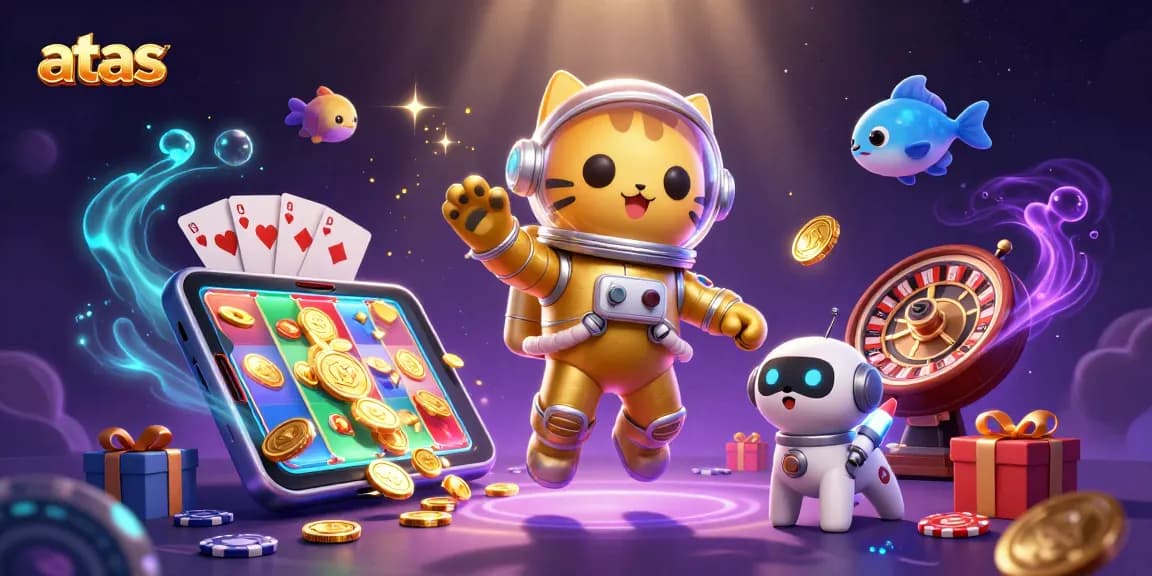 Experience thrilling gaming at atas with a vibrant 3D space-themed casino illustration featuring astronauts, robots, and slot games.