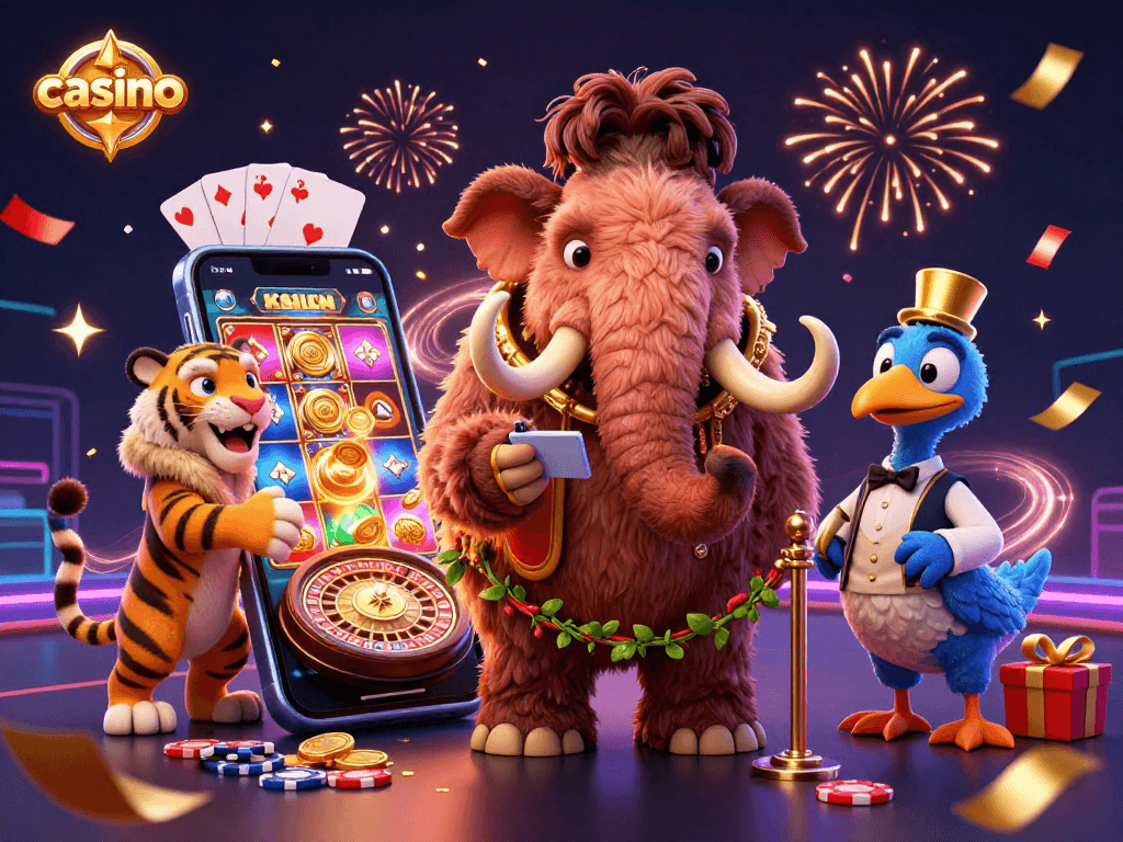 Engaging casino scene with a woolly mammoth bouncer, saber-tooth tiger, and dodo bird amidst vibrant slot games and exciting elements.